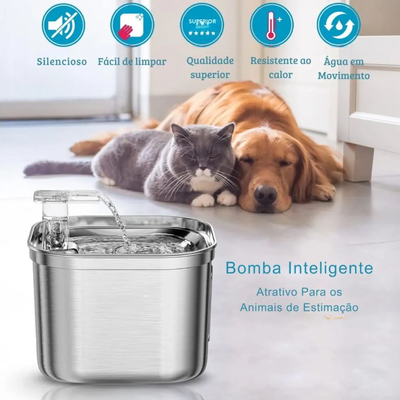bebedouro automático inox para gatos e cachorros 2,2 litros com filtro e funcionamento silencioso
