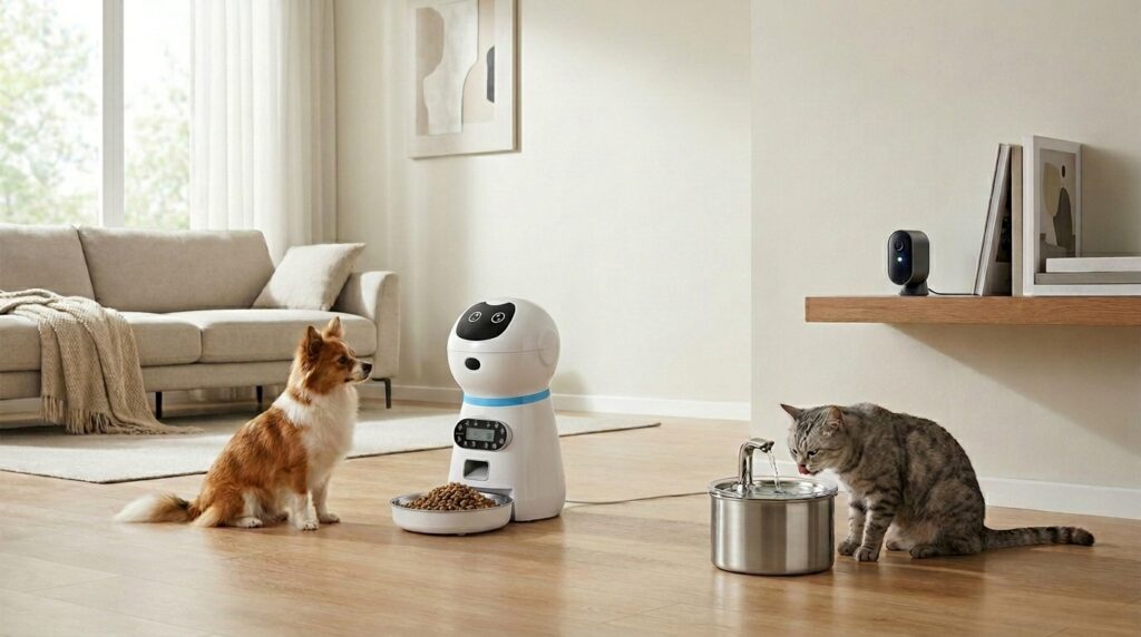 tecnologia para pets com alimentador automático fonte de água e câmera de monitoramento em ambiente doméstico