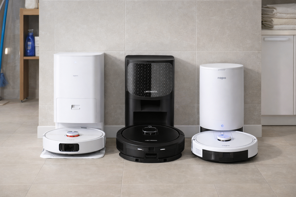 Três modelos de robô aspirador com base autolimpante em 2026: Xiaomi X20 Pro, Ropo Glass 5 Pro e Liectroux G7
