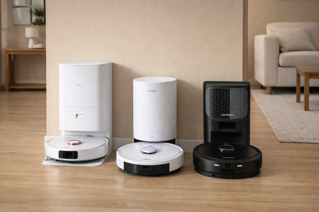 Tabela comparativa dos melhores robôs aspiradores de 2026 mostrando as especificações de mapeamento e base de esvaziamento automático dos modelos Xiaomi, Ropo e Liectroux.