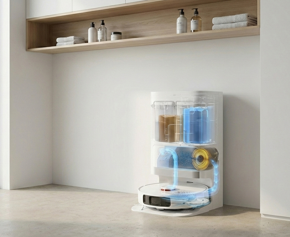 Estação de autolimpeza completa do robô aspirador, um dos motivos pelos quais o Xiaomi X20+ vale a pena para quem busca praticidade.