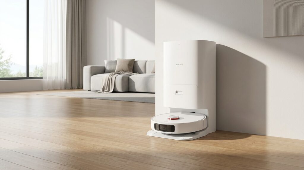 Robô aspirador Xiaomi X20+ com estação autolimpante em sala moderna com piso de madeira e iluminação natural.