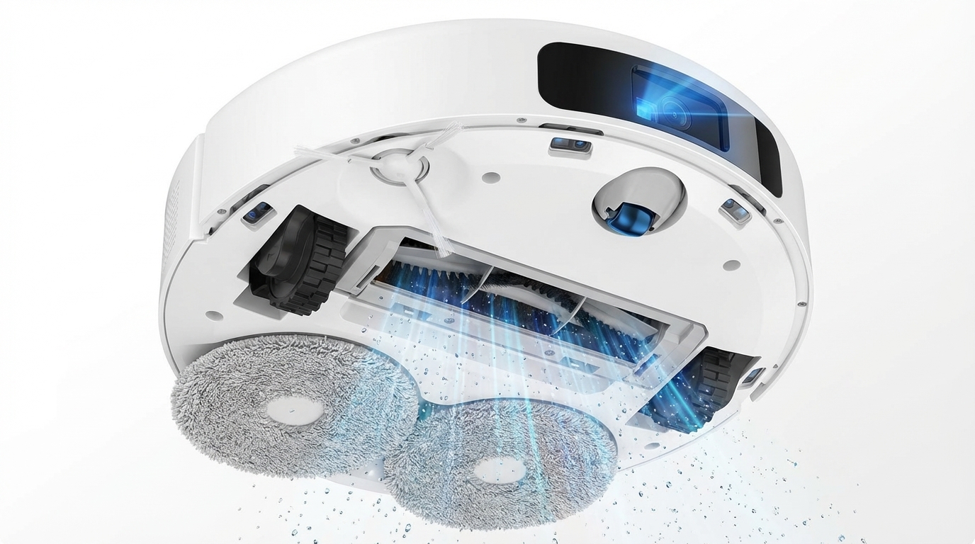 Visão inferior do robô aspirador mostrando as rodas de tração e escovas, detalhando por que a engenharia do Xiaomi X20+ vale a pena.