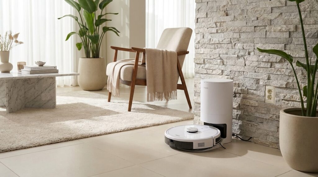 Robô aspirador branco com base autolimpante retornando para estação em sala de estar moderna com iluminação natural