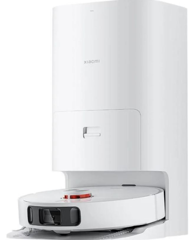 Visão do robô aspirador Xiaomi X20+ destacando o design clean e os esfregões duplos rotativos.