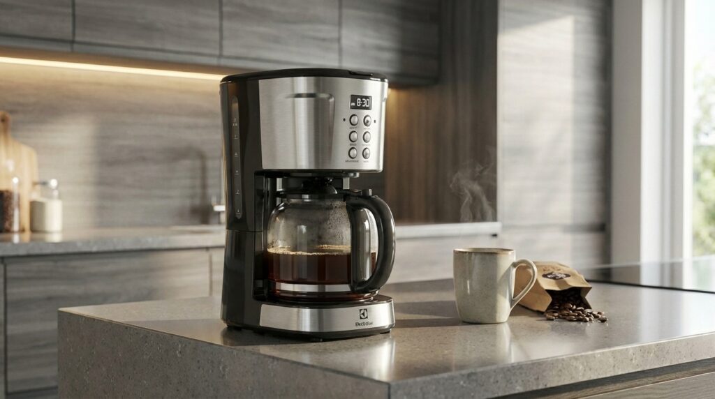 Cafeteira Electrolux Experience ECM30 em aço inox na bancada de cozinha
