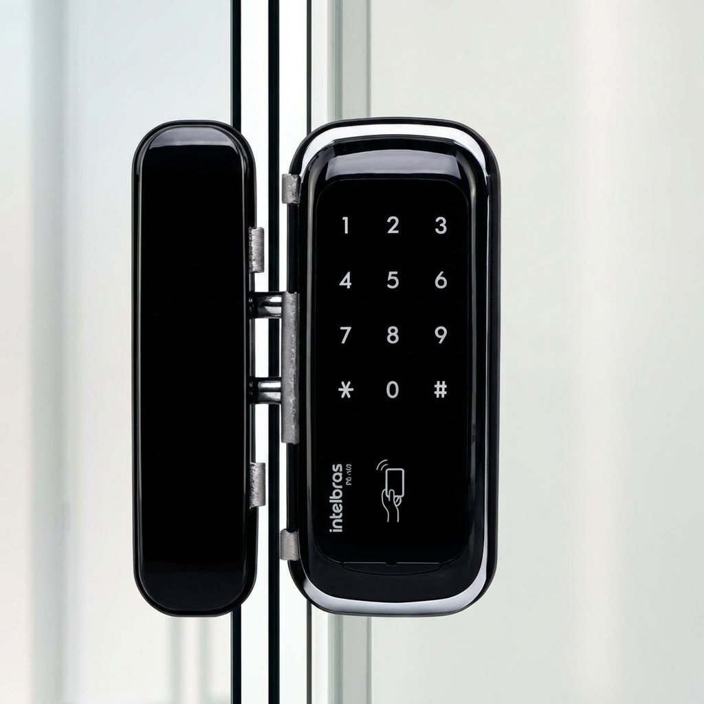 fechadura Intelbras FR 400 instalada em porta de vidro residencial srconecta