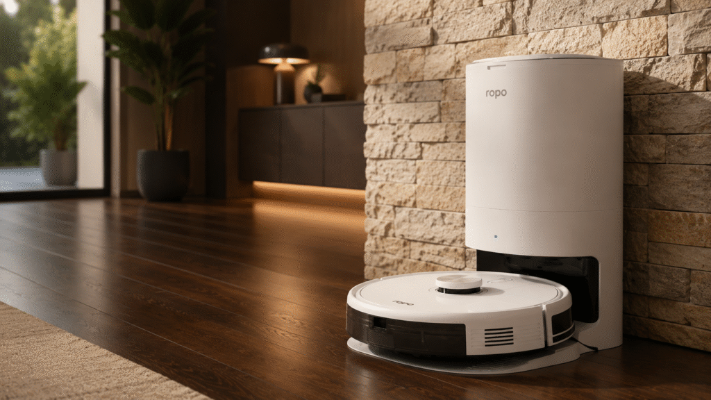 robô aspirador com base autolimpante ropo glass 5 pro sala moderna
