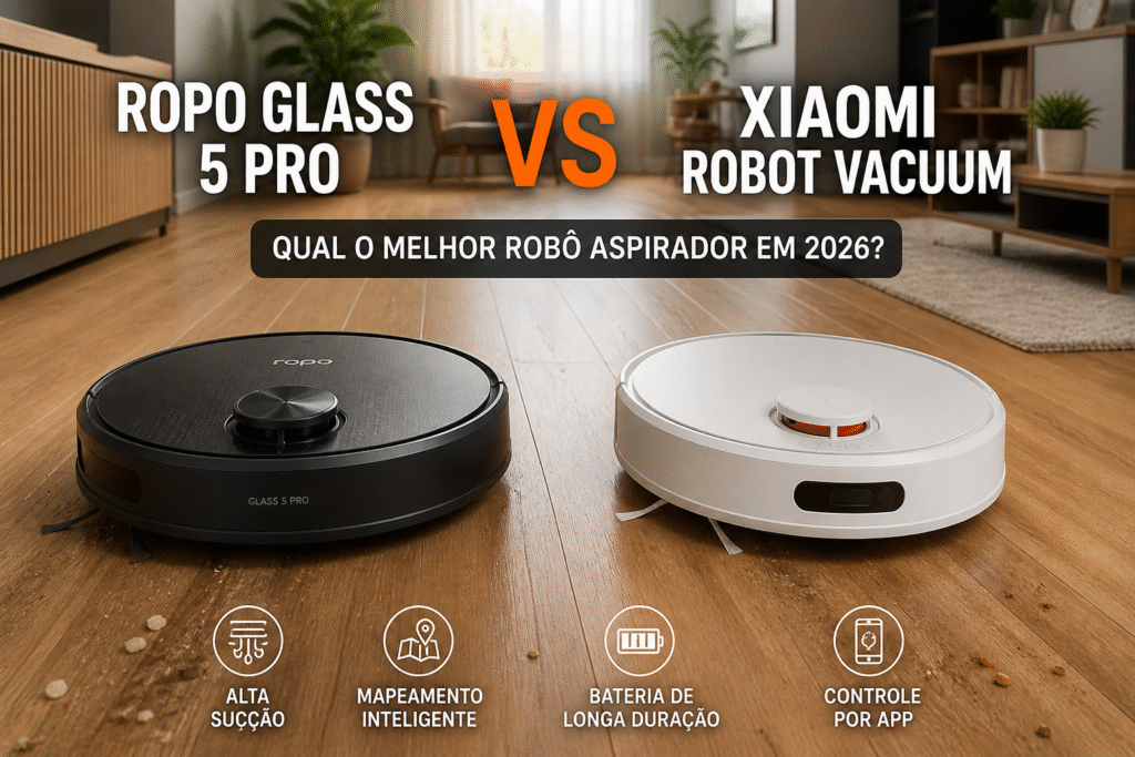 Thumbnail comparativa mostrando o robô aspirador Ropo Glass 5 Pro lado a lado com o Xiaomi Robot Vacuum X20+ e sua estação de autolimpeza em uma sala de estar.