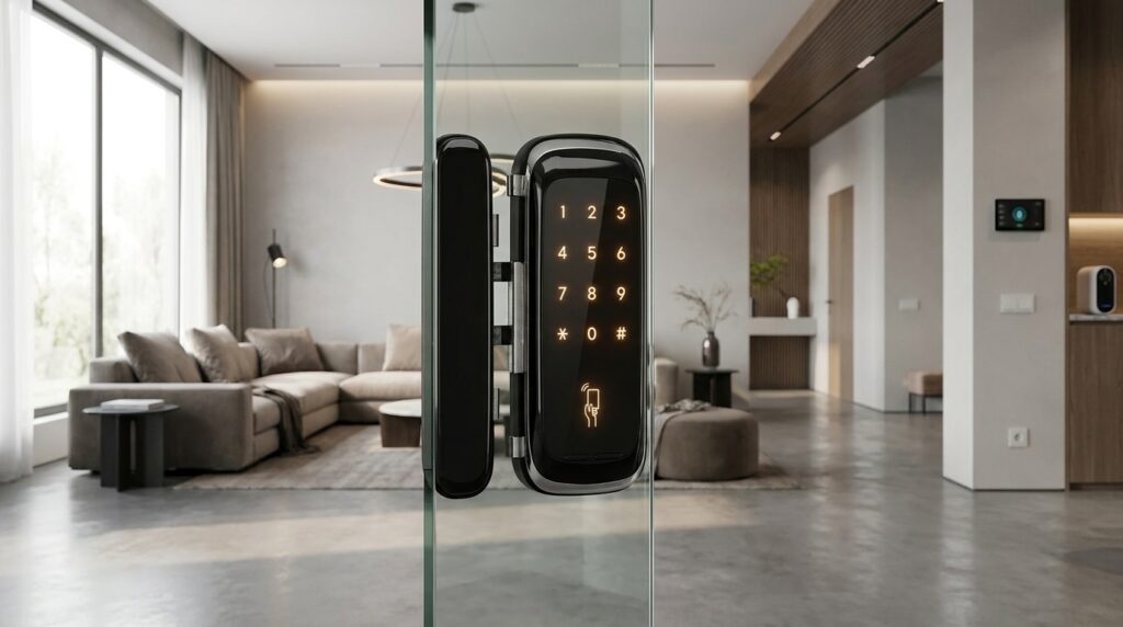 Fechadura digital porta de vidro instalada em ambiente moderno