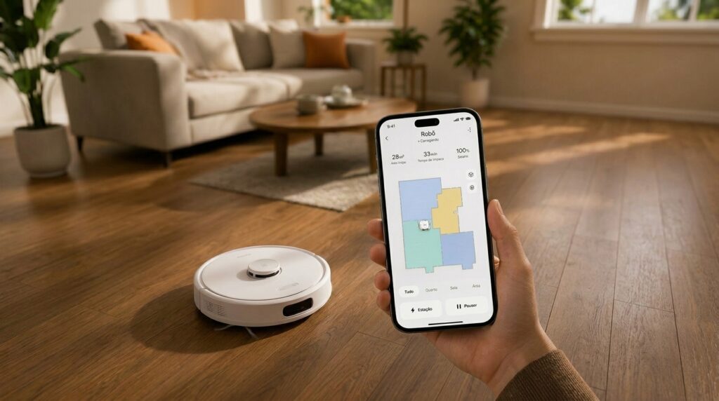 robô aspirador com mapeamento inteligente sendo controlado por aplicativo em sala moderna