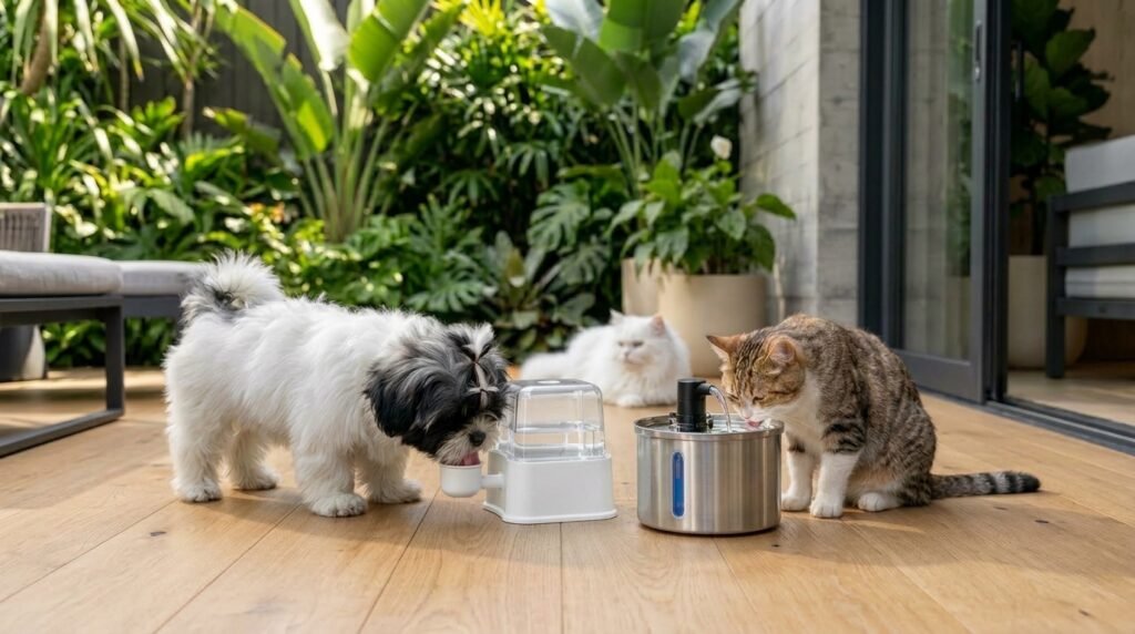 gato e cachorro usando bebedouro automático para pets